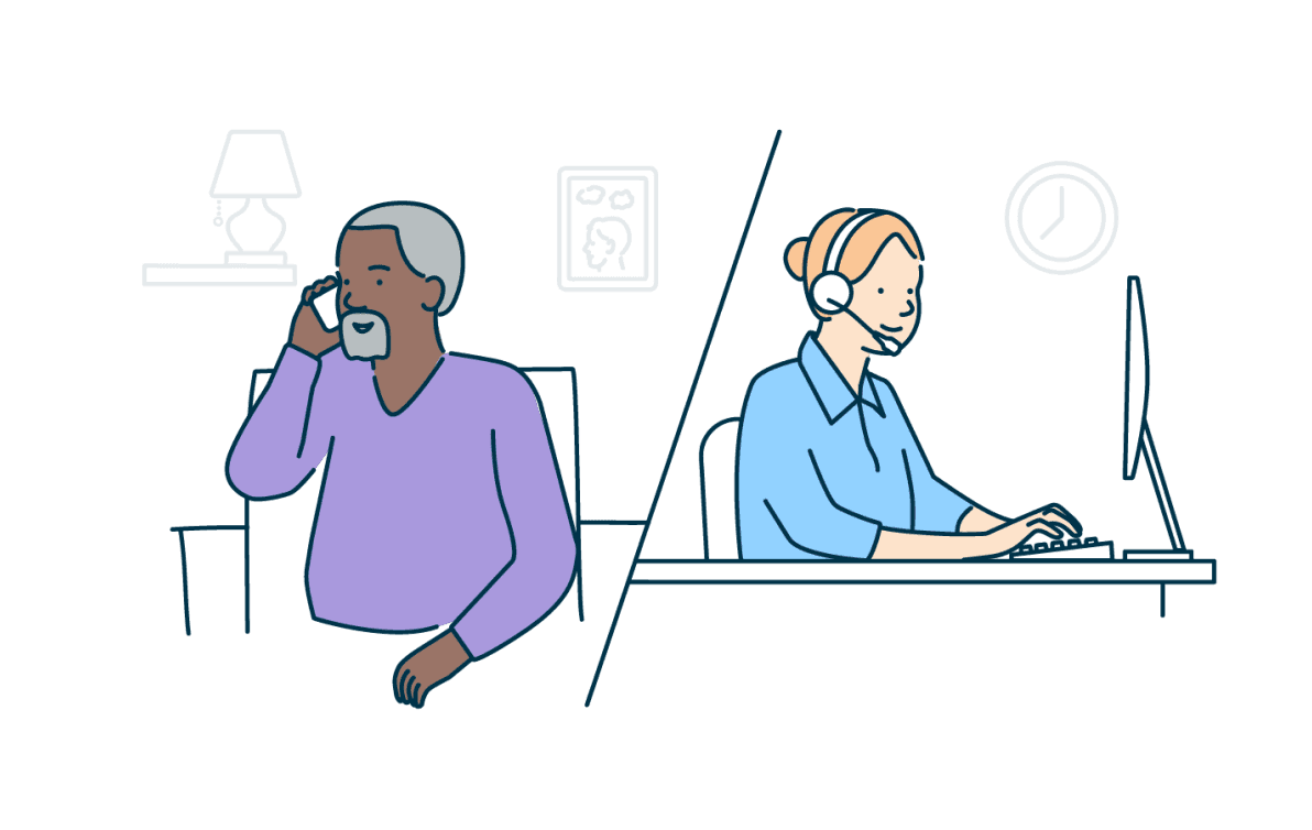 An illustration on a man making a phone call and a Helpline operator answering.