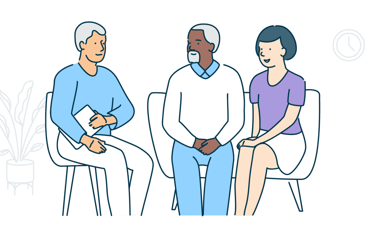 An illustration showing a couple sitting and speaking with a professional