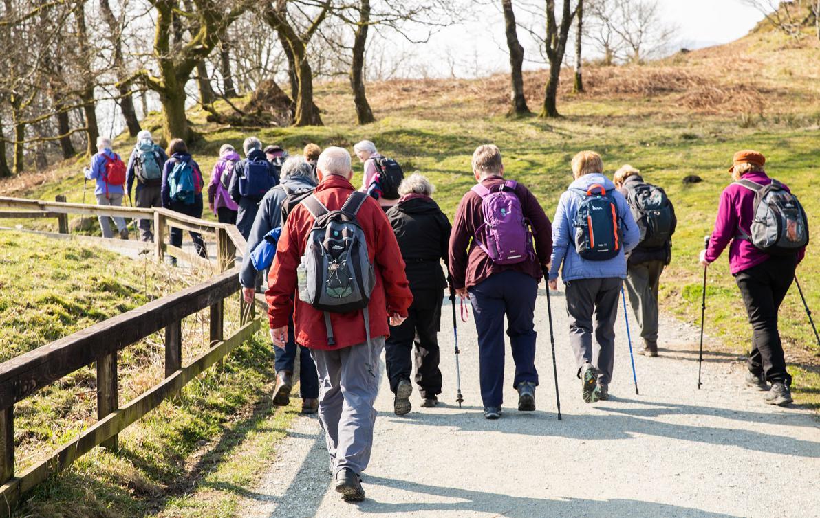 A group of people walking on a track in the countryside