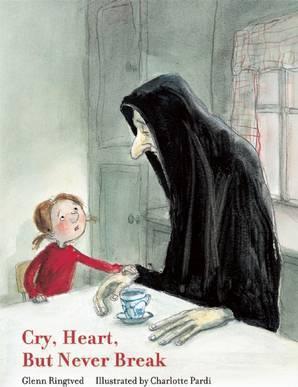 Cover of Cry, Heart, But never break showing a young girl talking to a man in a black coat at the dinner table