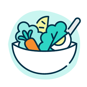 Illustration of a bowl containing carrot, lettuce and an egg